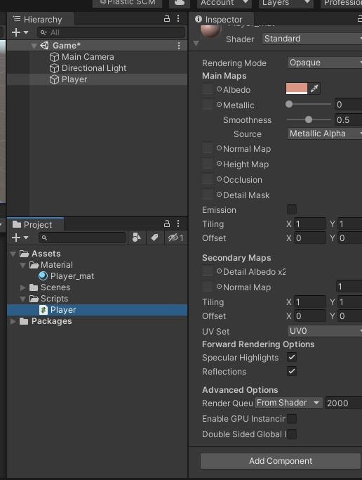 Player script listed in Inspector of Player Game object